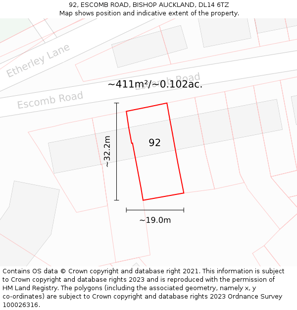 92, ESCOMB ROAD, BISHOP AUCKLAND, DL14 6TZ: Plot and title map