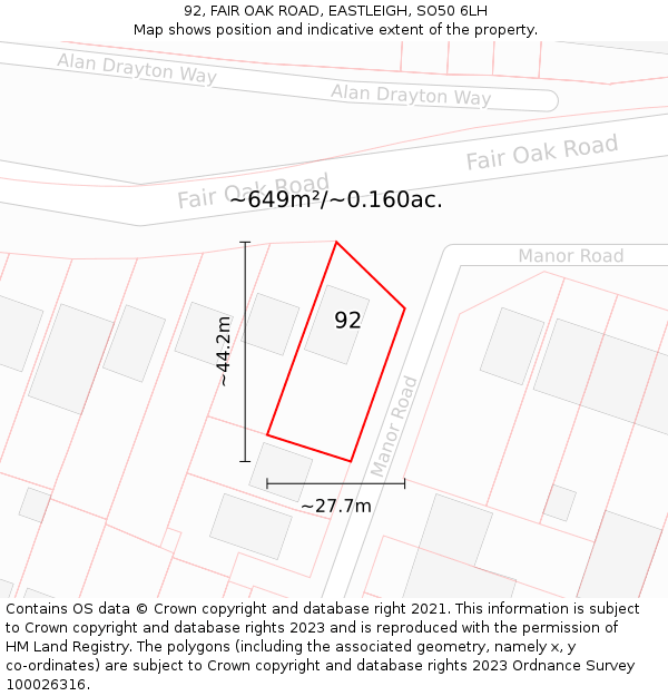 92, FAIR OAK ROAD, EASTLEIGH, SO50 6LH: Plot and title map