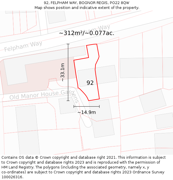 92, FELPHAM WAY, BOGNOR REGIS, PO22 8QW: Plot and title map