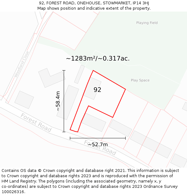 92, FOREST ROAD, ONEHOUSE, STOWMARKET, IP14 3HJ: Plot and title map