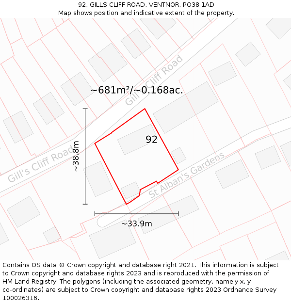 92, GILLS CLIFF ROAD, VENTNOR, PO38 1AD: Plot and title map