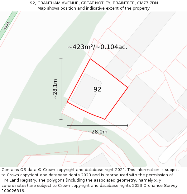 92, GRANTHAM AVENUE, GREAT NOTLEY, BRAINTREE, CM77 7BN: Plot and title map