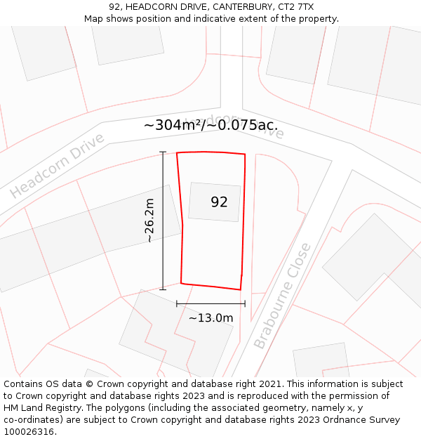 92, HEADCORN DRIVE, CANTERBURY, CT2 7TX: Plot and title map