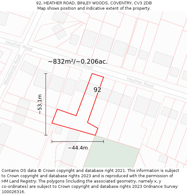 92, HEATHER ROAD, BINLEY WOODS, COVENTRY, CV3 2DB: Plot and title map