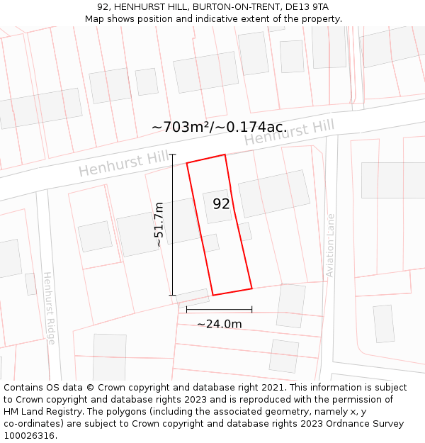 92, HENHURST HILL, BURTON-ON-TRENT, DE13 9TA: Plot and title map