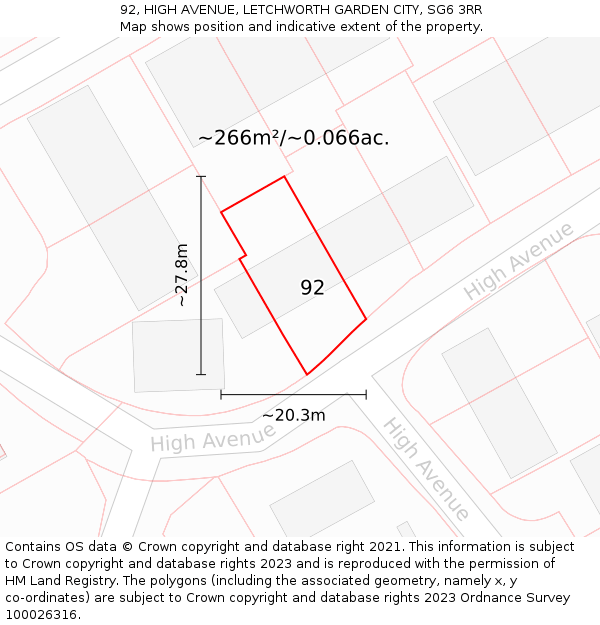 92, HIGH AVENUE, LETCHWORTH GARDEN CITY, SG6 3RR: Plot and title map