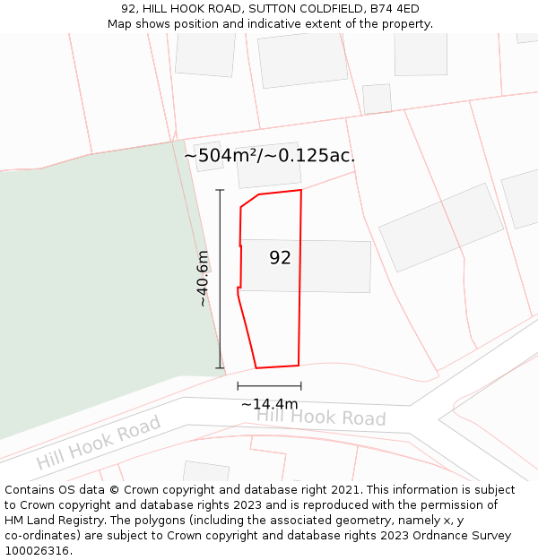 92, HILL HOOK ROAD, SUTTON COLDFIELD, B74 4ED: Plot and title map