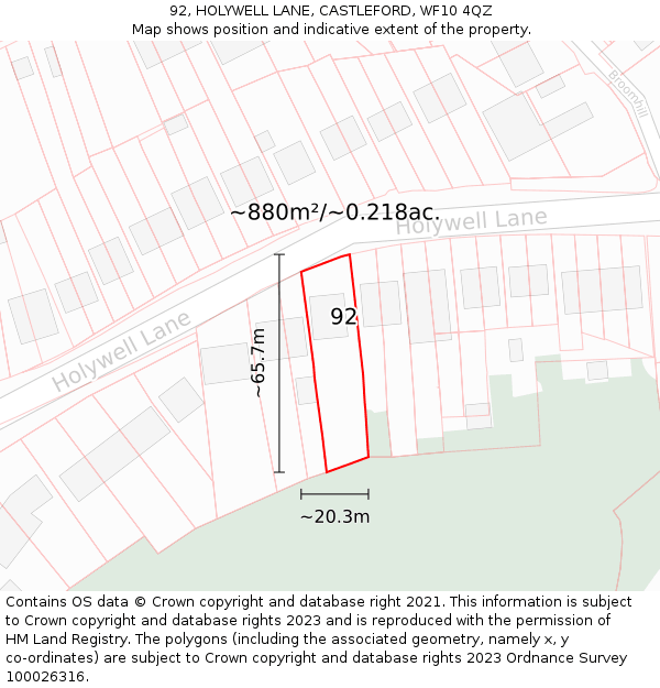 92, HOLYWELL LANE, CASTLEFORD, WF10 4QZ: Plot and title map