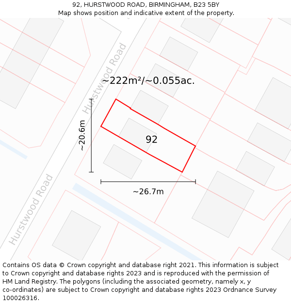 92, HURSTWOOD ROAD, BIRMINGHAM, B23 5BY: Plot and title map