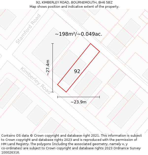 92, KIMBERLEY ROAD, BOURNEMOUTH, BH6 5BZ: Plot and title map
