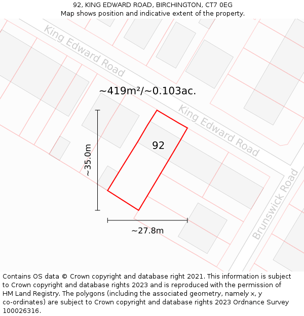 92, KING EDWARD ROAD, BIRCHINGTON, CT7 0EG: Plot and title map