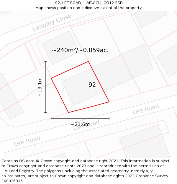 92, LEE ROAD, HARWICH, CO12 3SB: Plot and title map