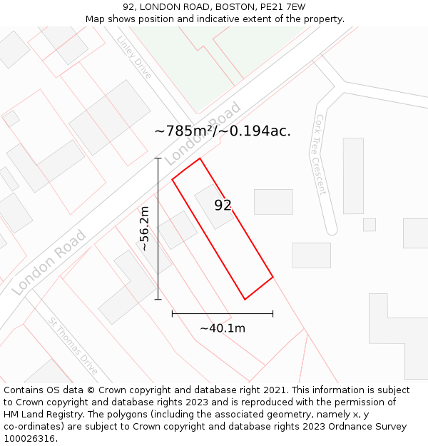 92, LONDON ROAD, BOSTON, PE21 7EW: Plot and title map