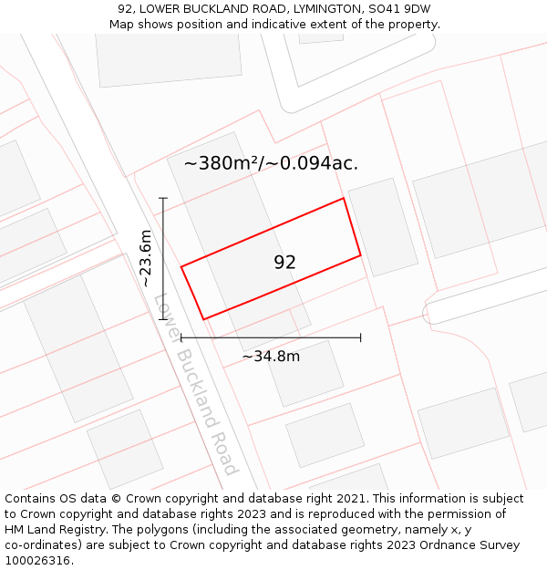 92, LOWER BUCKLAND ROAD, LYMINGTON, SO41 9DW: Plot and title map