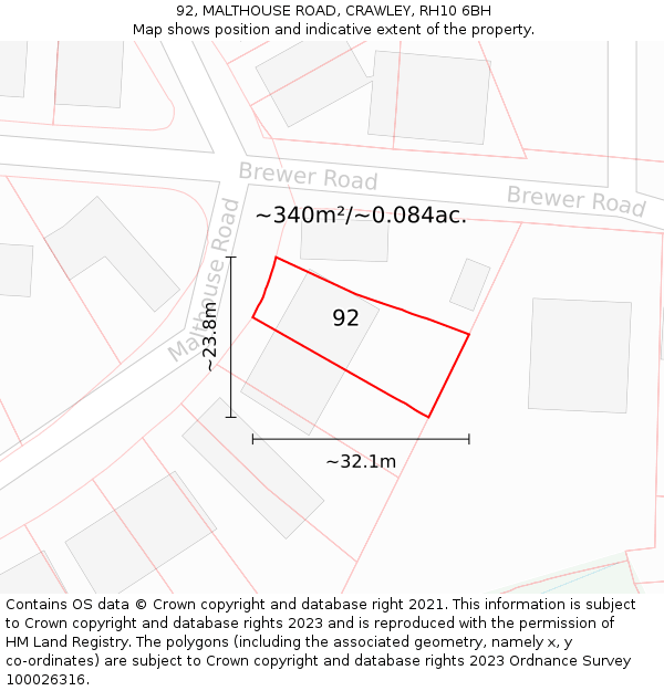 92, MALTHOUSE ROAD, CRAWLEY, RH10 6BH: Plot and title map