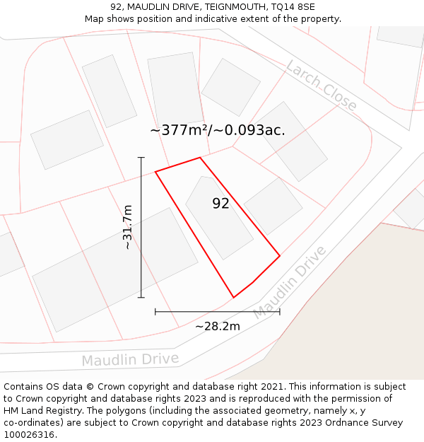 92, MAUDLIN DRIVE, TEIGNMOUTH, TQ14 8SE: Plot and title map