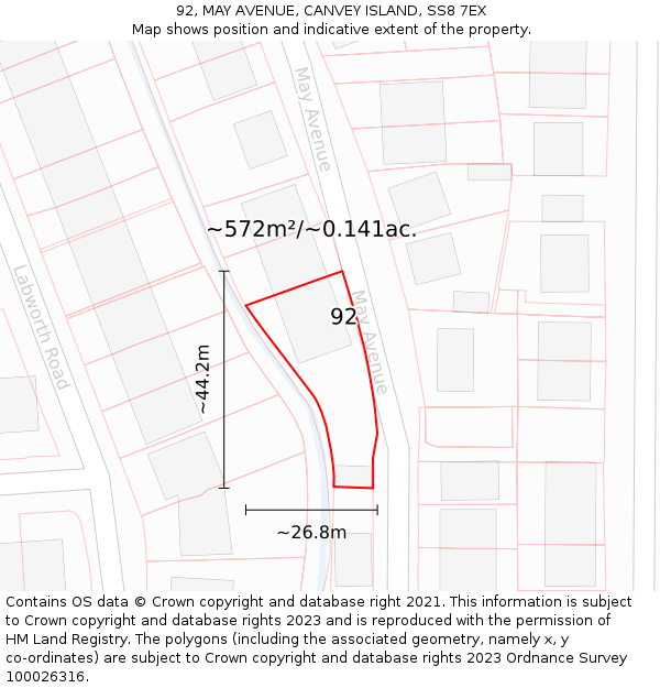 92, MAY AVENUE, CANVEY ISLAND, SS8 7EX: Plot and title map