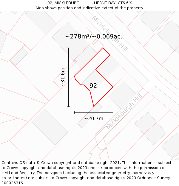 92, MICKLEBURGH HILL, HERNE BAY, CT6 6JX: Plot and title map
