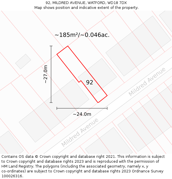 92, MILDRED AVENUE, WATFORD, WD18 7DX: Plot and title map