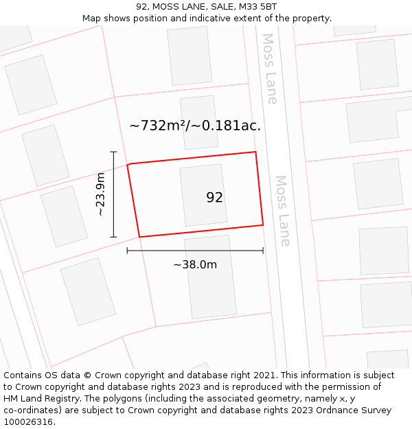 92, MOSS LANE, SALE, M33 5BT: Plot and title map