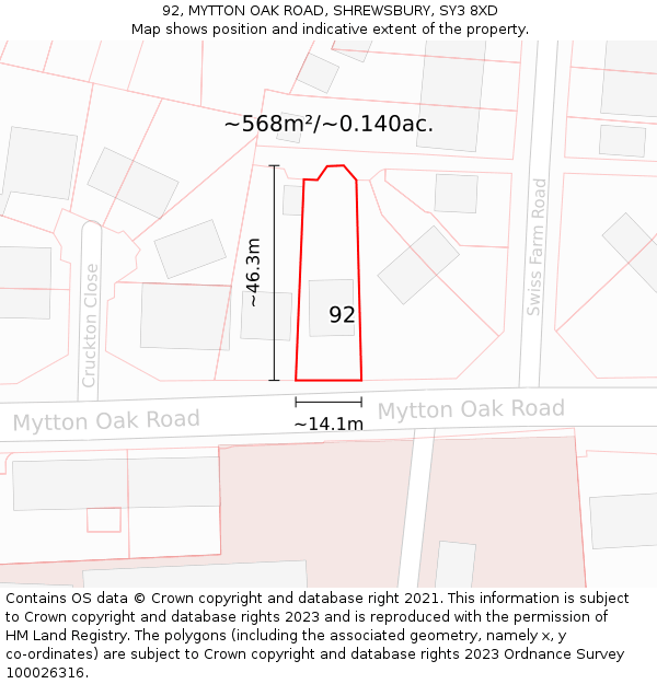 92, MYTTON OAK ROAD, SHREWSBURY, SY3 8XD: Plot and title map