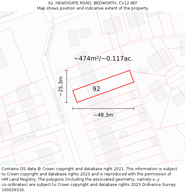 92, NEWDIGATE ROAD, BEDWORTH, CV12 8EF: Plot and title map