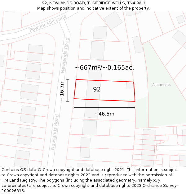 92, NEWLANDS ROAD, TUNBRIDGE WELLS, TN4 9AU: Plot and title map