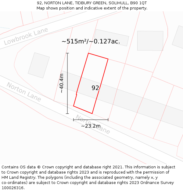 92, NORTON LANE, TIDBURY GREEN, SOLIHULL, B90 1QT: Plot and title map