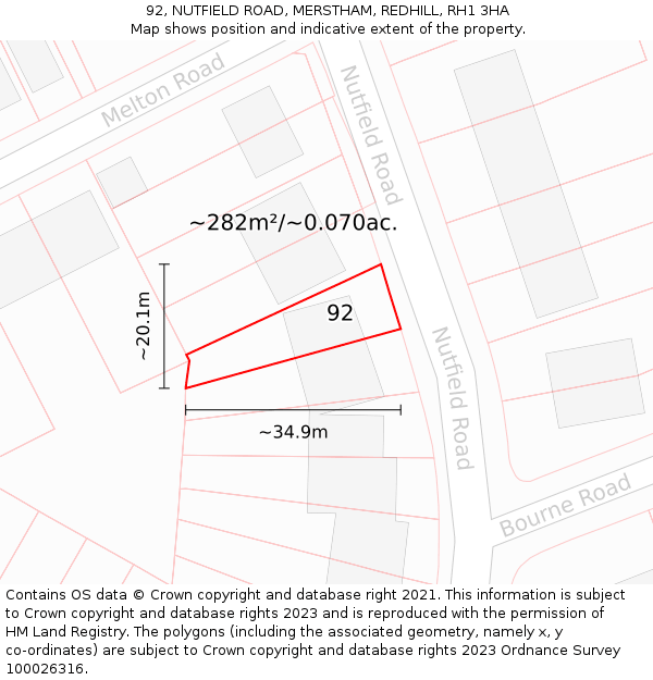92, NUTFIELD ROAD, MERSTHAM, REDHILL, RH1 3HA: Plot and title map