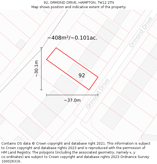 92, ORMOND DRIVE, HAMPTON, TW12 2TN: Plot and title map