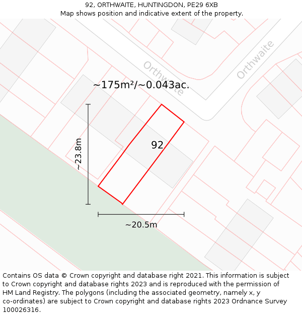 92, ORTHWAITE, HUNTINGDON, PE29 6XB: Plot and title map