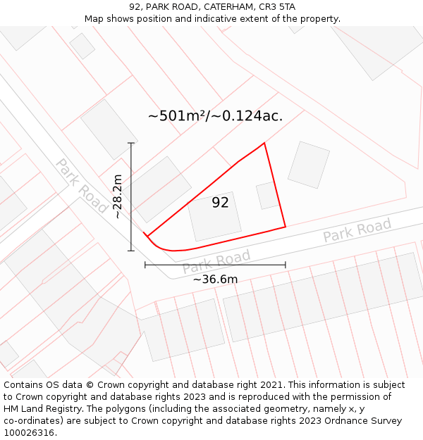 92, PARK ROAD, CATERHAM, CR3 5TA: Plot and title map