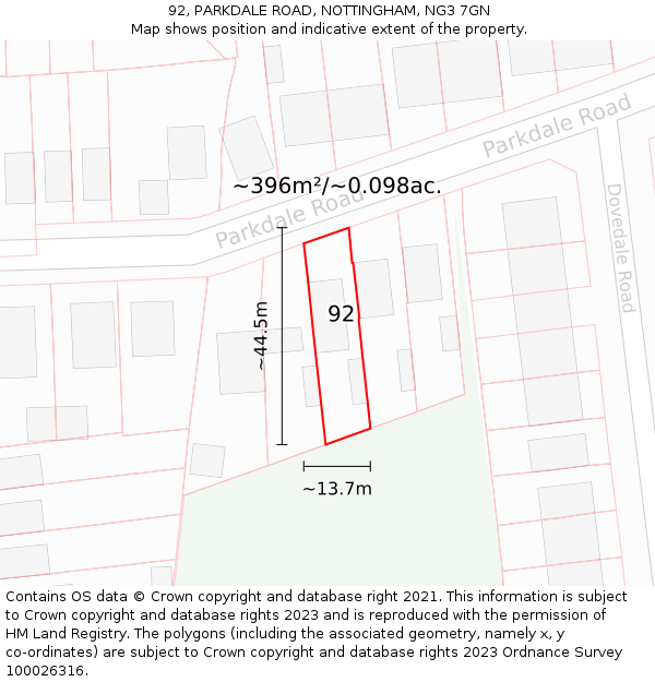 92, PARKDALE ROAD, NOTTINGHAM, NG3 7GN: Plot and title map