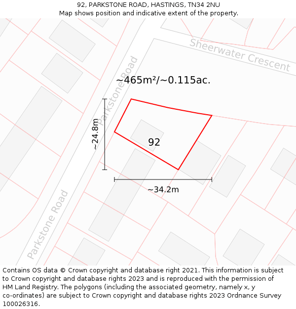 92, PARKSTONE ROAD, HASTINGS, TN34 2NU: Plot and title map