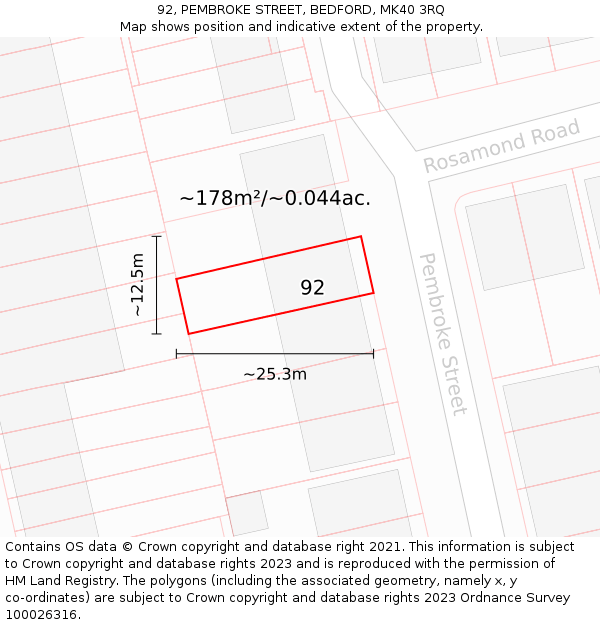 92, PEMBROKE STREET, BEDFORD, MK40 3RQ: Plot and title map