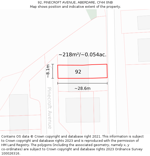 92, PINECROFT AVENUE, ABERDARE, CF44 0NB: Plot and title map