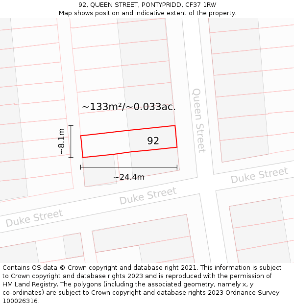 92, QUEEN STREET, PONTYPRIDD, CF37 1RW: Plot and title map