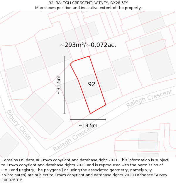 92, RALEGH CRESCENT, WITNEY, OX28 5FY: Plot and title map