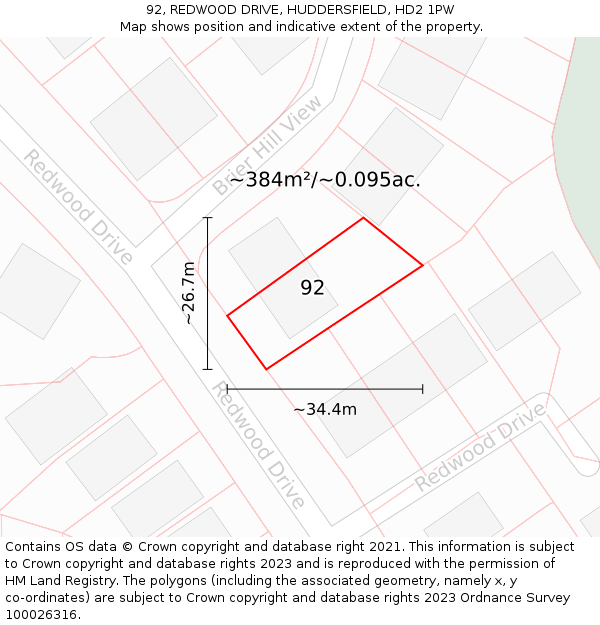 92, REDWOOD DRIVE, HUDDERSFIELD, HD2 1PW: Plot and title map