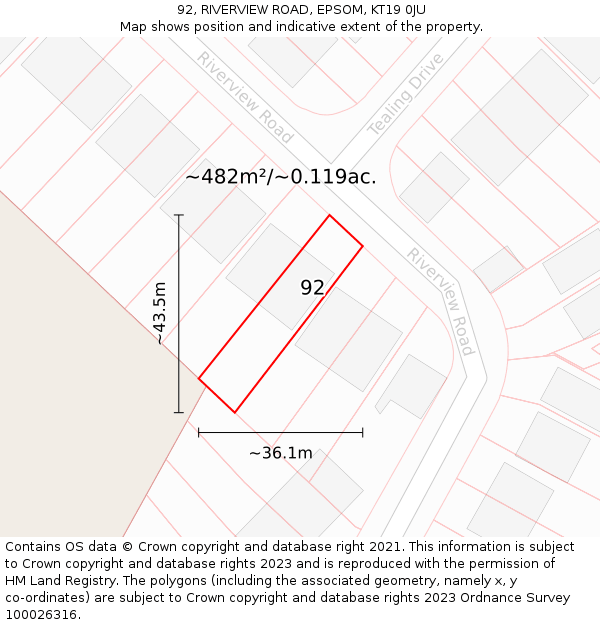 92, RIVERVIEW ROAD, EPSOM, KT19 0JU: Plot and title map