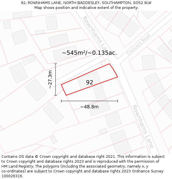 92, ROWNHAMS LANE, NORTH BADDESLEY, SOUTHAMPTON, SO52 9LW: Plot and title map