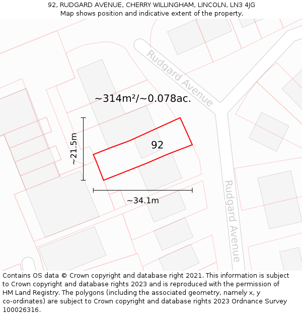 92, RUDGARD AVENUE, CHERRY WILLINGHAM, LINCOLN, LN3 4JG: Plot and title map