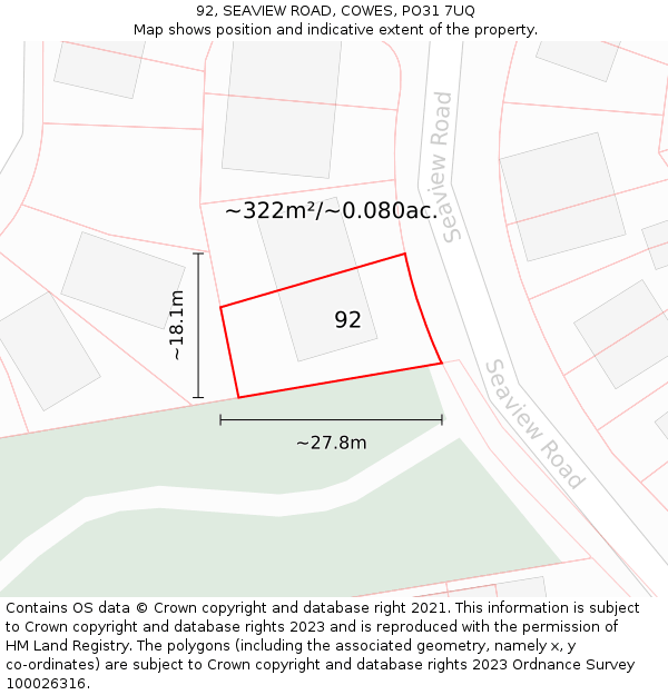 92, SEAVIEW ROAD, COWES, PO31 7UQ: Plot and title map