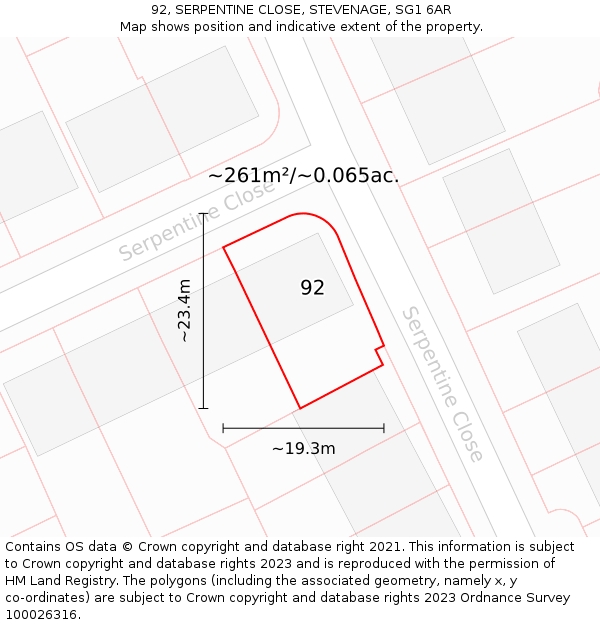 92, SERPENTINE CLOSE, STEVENAGE, SG1 6AR: Plot and title map