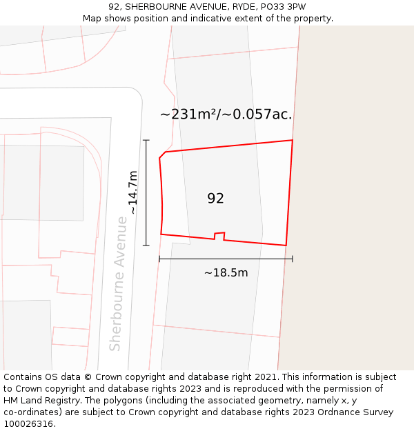 92, SHERBOURNE AVENUE, RYDE, PO33 3PW: Plot and title map