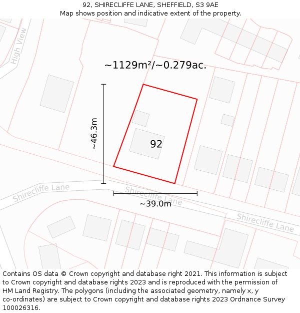 92, SHIRECLIFFE LANE, SHEFFIELD, S3 9AE: Plot and title map