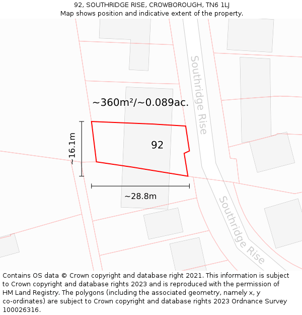 92, SOUTHRIDGE RISE, CROWBOROUGH, TN6 1LJ: Plot and title map