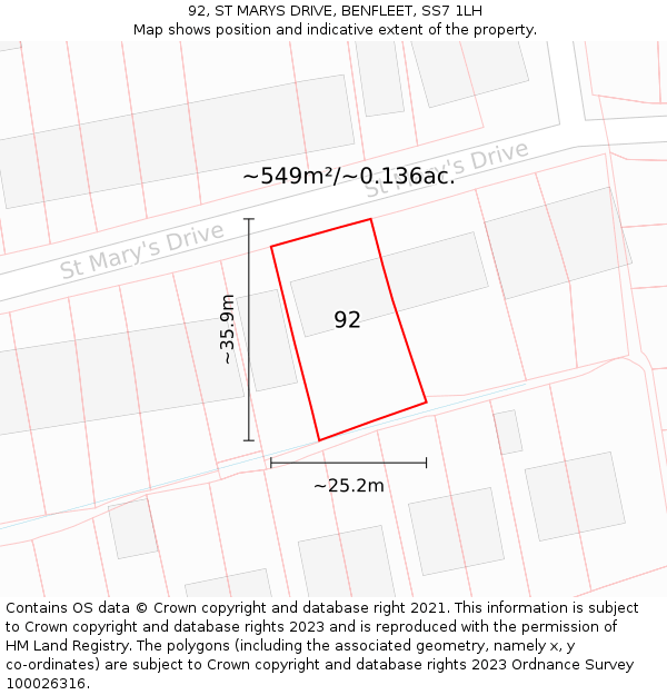 92, ST MARYS DRIVE, BENFLEET, SS7 1LH: Plot and title map