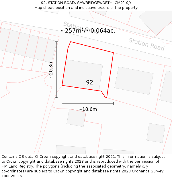 92, STATION ROAD, SAWBRIDGEWORTH, CM21 9JY: Plot and title map