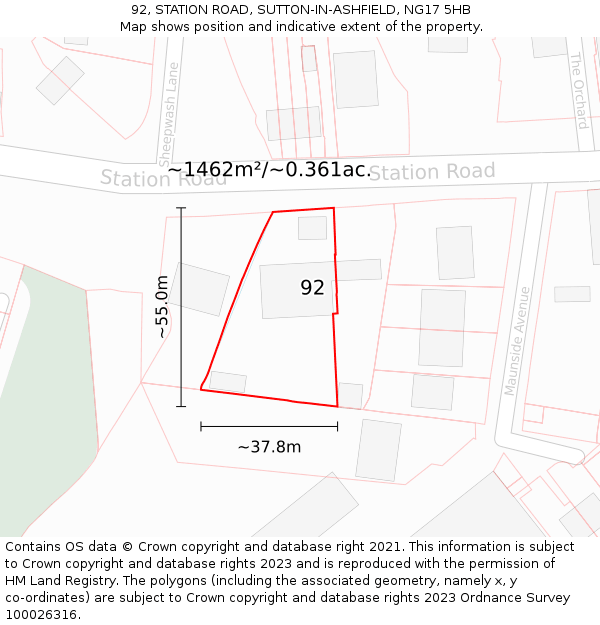 92, STATION ROAD, SUTTON-IN-ASHFIELD, NG17 5HB: Plot and title map